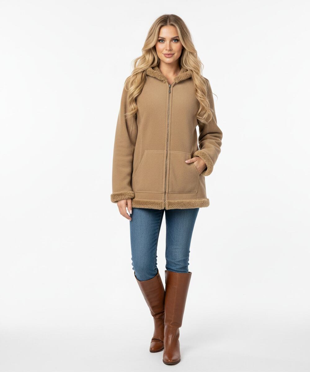 Green Tea Jacket Womens Large Tan Sand Hooded Faux Fur Lined Zip Winter Cozy